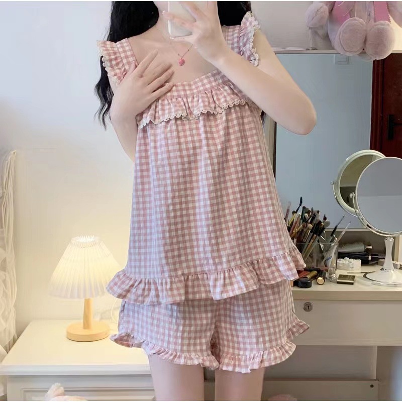 Bộ đồ Ngủ Ngắn Hai Dây Phối Ren Kẻ Sọc Caro Ngọt Ngào Dễ Thương Mặc ở Nhà Cho Nữ Sinh