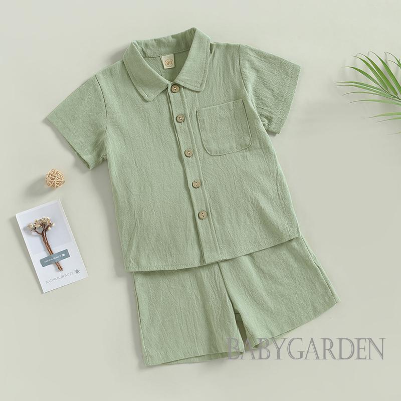 Bộ Áo Sơ Mi Tay Ngắn Màu Trơn Cài Nút + Quần Short Lưng Thun Thời Trang Cho Bé Trai 6 Tháng - 4 Tuổi
