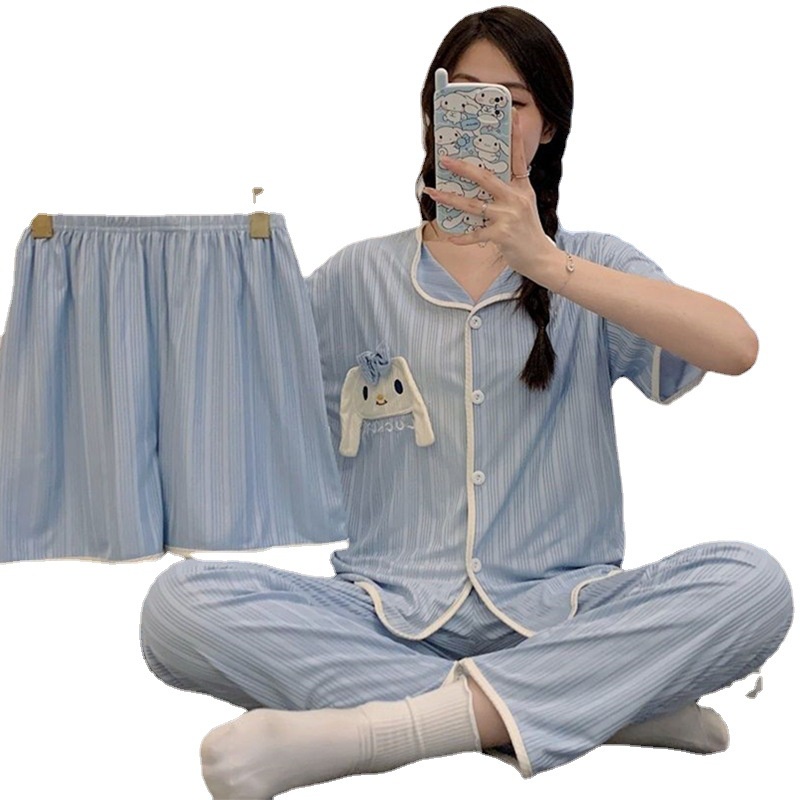 Váy Ngủ	Pyjama Bộ Đồ Ngủ Ba Mảnh Áo Cardigan Tay Ngắn Quần Dài luyoo32 Thời Trang Mùa Hè Cho Bạn Gái