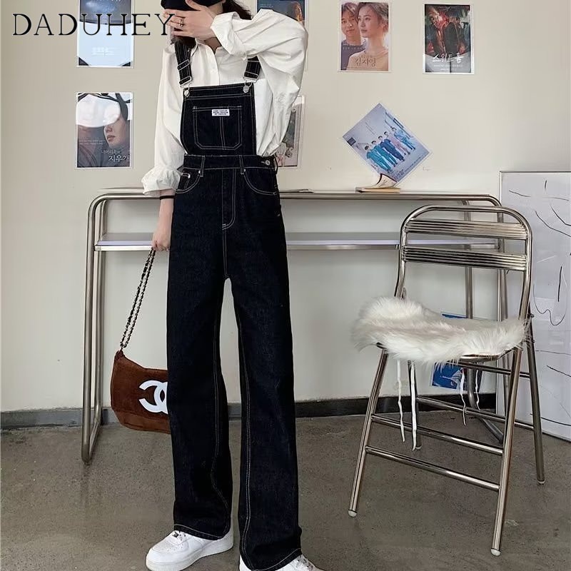 Ảnh DaDuHey New Hong Kong Style Retro Strap Jeans WOMEN'S Niche High Waist Loose Wide Leg Pants Trousers 3