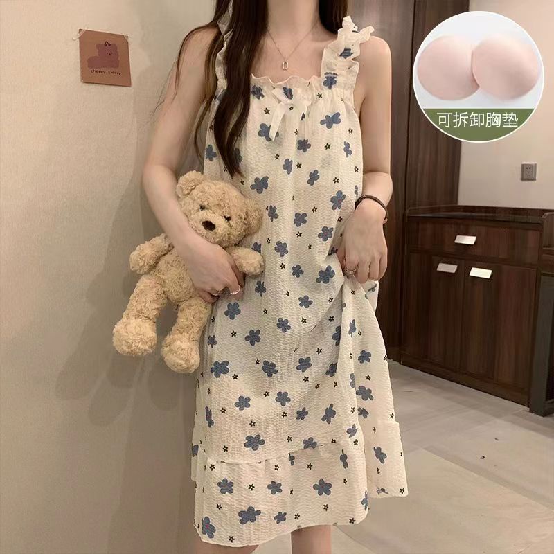 Váy ngủ 2 dây Suông  Đầm Ngủ Sát Nách Vải Cotton Có Mút Đệm Ngực Tháo Rời Được 100kg Thời Trang Mùa Hè Dễ Thương Cho Nữ Lff0626