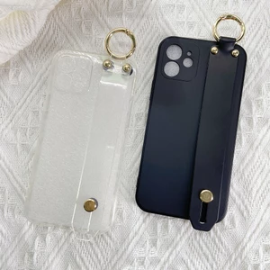 Ốp lưng dây đeo cổ tay trong suốt chống sốc cho iPhone 16e 15 14 13 12 Pro XsMax XR 11 12 Mini 6 7 8 Plus TPU màu đen Giá đỡ điện thoại