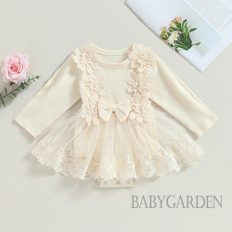 Bộ Áo Liền Quần Tay Dài Cổ Tròn Phối Voan Hoa Dành Cho Bé Gái 0-18 Tháng Tuổi