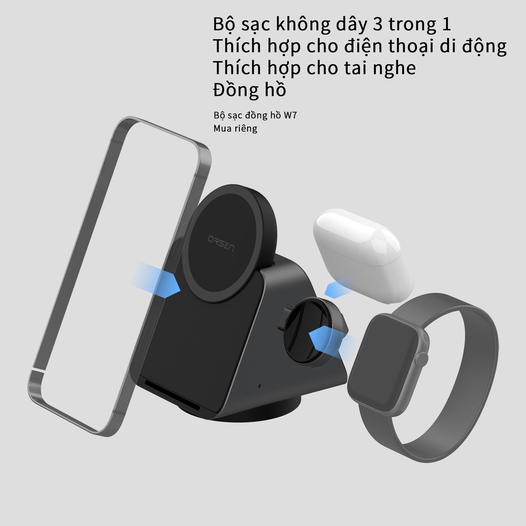 Đế Sạc Không Dây Orsen W8 3 Trong 1 15W Có Nam Châm Chữ C Cho Đồng Hồ Thông Minh | BigBuy360 - bigbuy360.vn