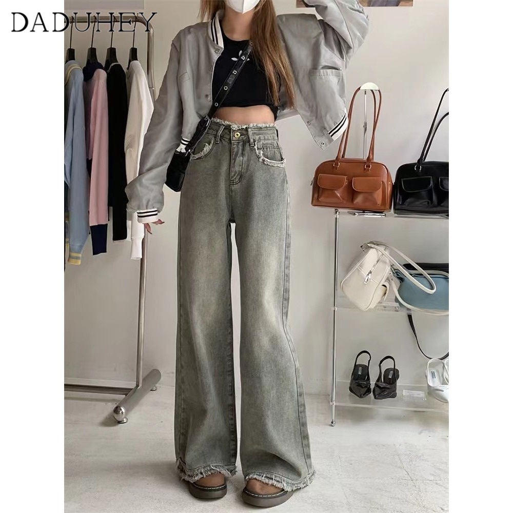 Ảnh Quần jean dài DADUHEY ống rộng lưng cao viền thô phong cách Hàn Quốc cổ điển thời trang dành cho nữ cỡ lớn 3