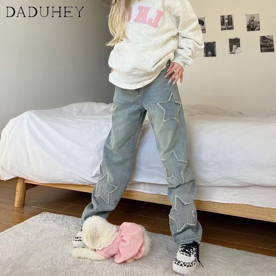 Ảnh DaDuHey New American Ins High Street Hip Hop Retro Jeans WOMEN'S Niche High Waist Wide Leg Pants Trousers 4
