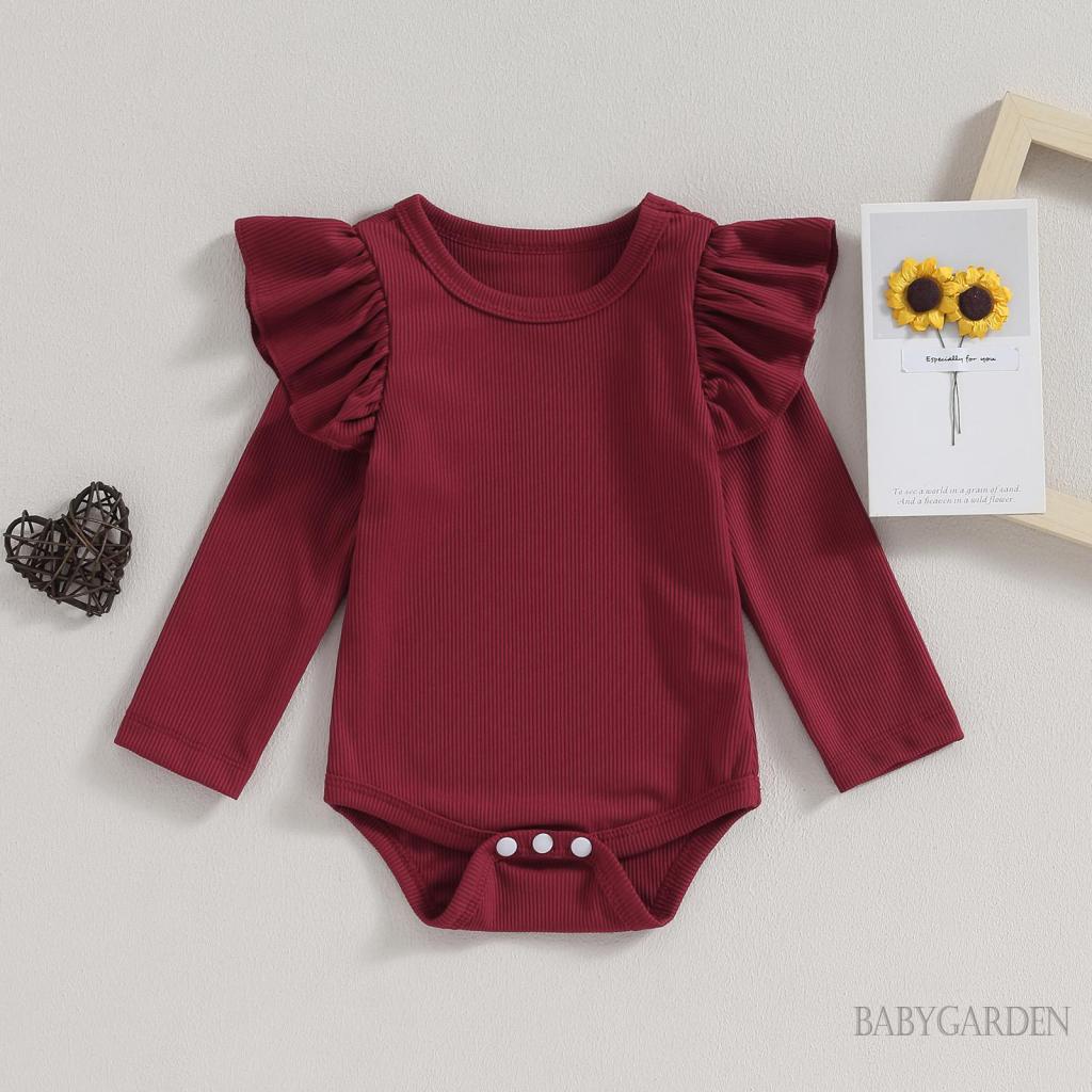 // -baby Girl fall romper ruffle dài tay áo phi hành đoàn cổ rắn màu bộ đồ sơ sinh