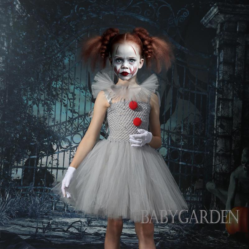Baga-2-12 tuổi trẻ em cô gái chú hề trang phục vải tuyn trắng váy găng tay kẹp tóc bộ cho halloween party cosplay