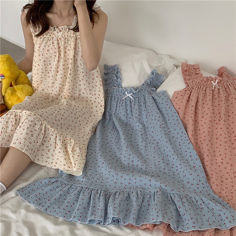 Bong bóng cotton gạc đồ ngủ mùa hè phụ nữ sling nightdress influencer dễ thương ngọt ngào đồ mặc nhà