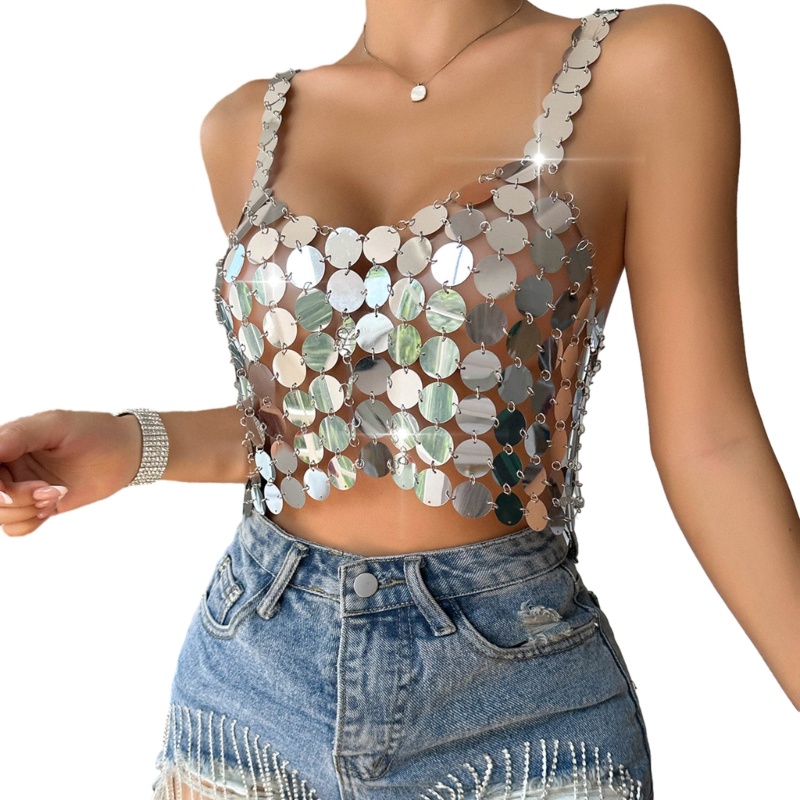 Pealike Glitter Bra Tops Club Lễ hội Bãi biển Tiệc Gương lấp lánh Váy cho mùa hè