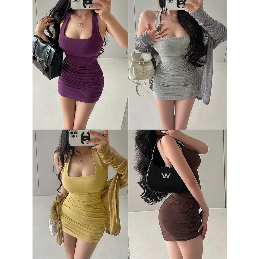 Comes Đầm Ngắn Ôm Dáng Cổ Vuông Xếp Ly Hai Dây Ôm Dáng Có Đệm Ngực ~ Âu Mỹ Tinh Khiết Quyến Rũ