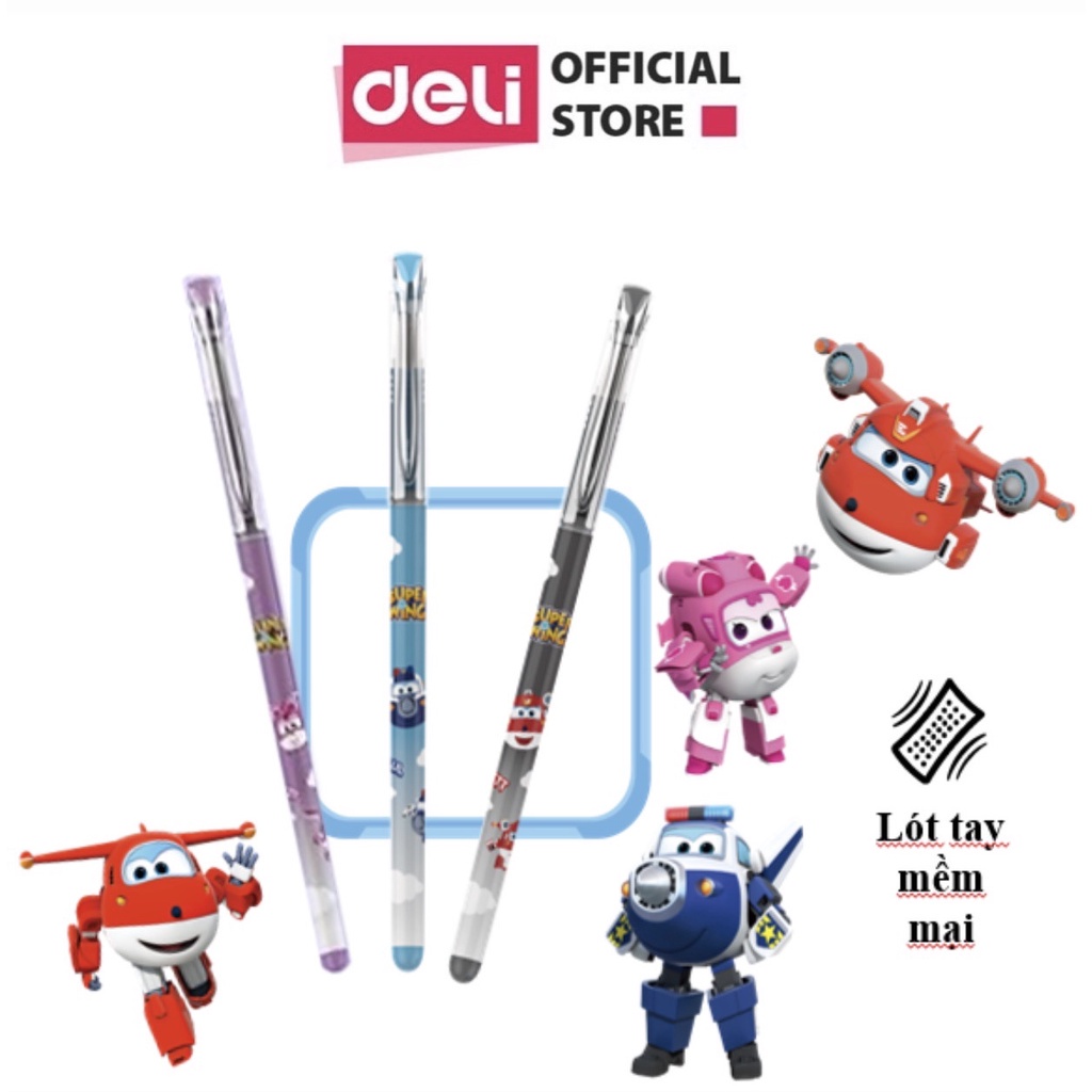 Bút bi nước học sinh mực gel xanh đen 0.5mm Deli họa tiết hoạt hình nhanh khô viết đều trơn tru có đệm tay cao su CG12