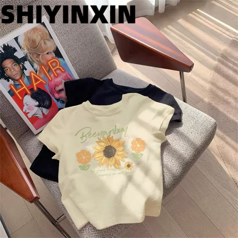 Milyfashion Cotton Hoa Hướng Dương In Vai Ngắn Tay Áo Thun Nữ Mùa Hè Mỏng Nhỏ Ngắn Top Bé tee