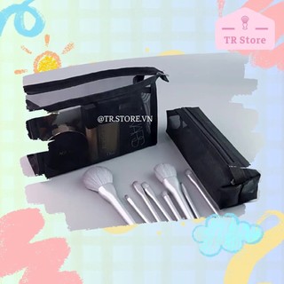 Túi đựng mỹ phẩm và cọ trang điểm tối giản đen lưới dù chắc chắn