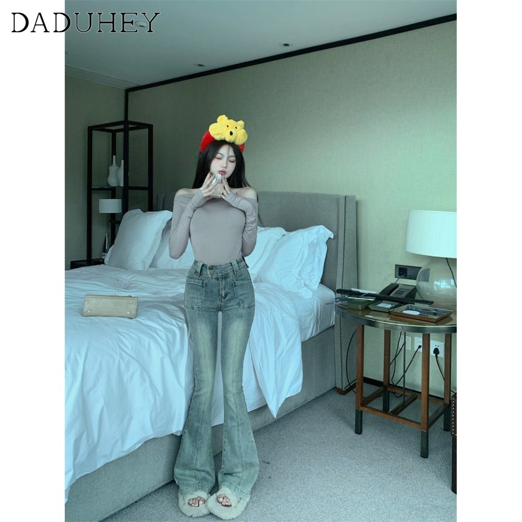 Ảnh Quần jean dài DADUHEY ống rộng loe nhẹ cạp cao vải giặt thời trang retro phong cách Hàn Quốc 3