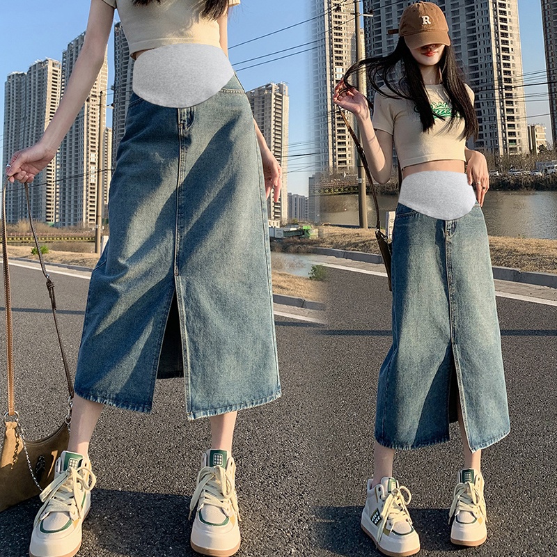 Chân Váy Denim Dáng Rộng Xẻ Tà Thời Trang Mùa Hè Cho Mẹ Bầu