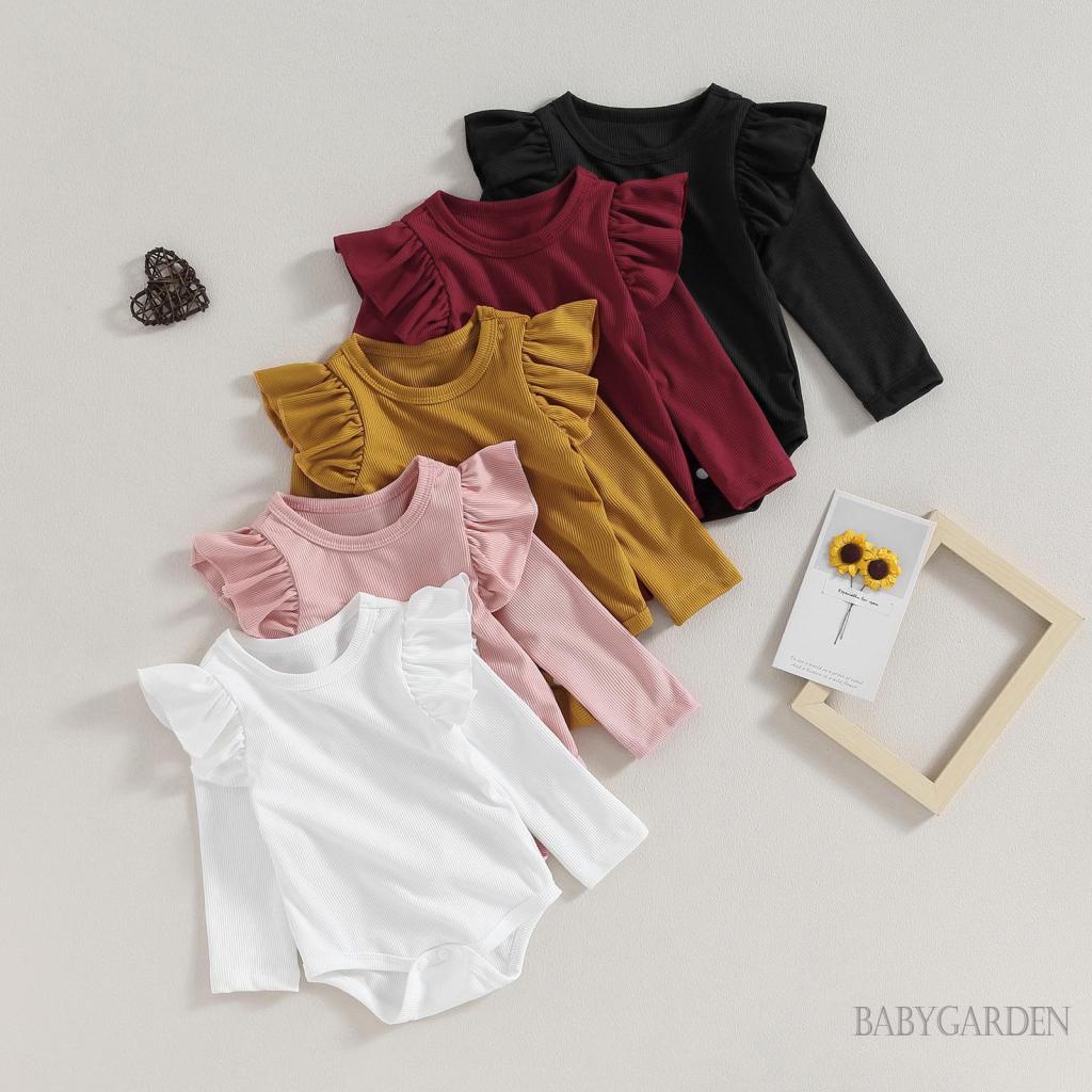 // -baby Girl fall romper ruffle dài tay áo phi hành đoàn cổ rắn màu bộ đồ sơ sinh