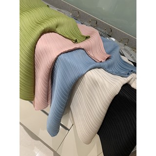 Miyake Áo Thun Tay Ngắn Dáng Rộng Xếp Ly Xẻ Tà Bên Hông Phong Cách Tây Ban Nha Thời Trang Cho Nữ