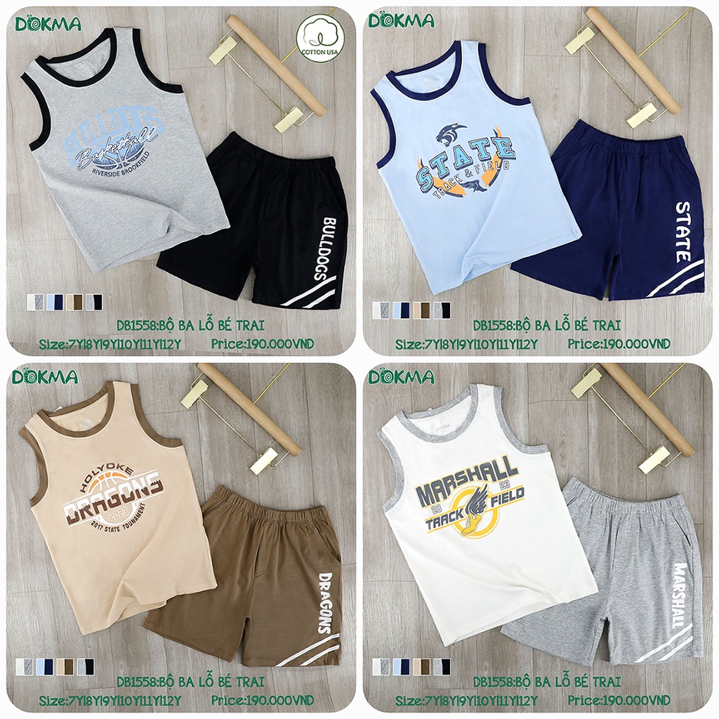(21-38kg) Bộ ba lỗ, sát nách thể thao kids bé trai Dokma Mã DB1250 DB1558 DB2072 DB2627 DB2625