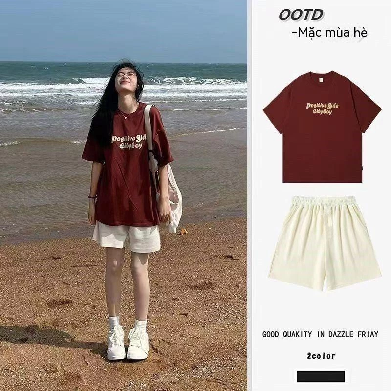 【Bess's house】áo thun nữ+quần đùi，áo nữ，đồ bộ，quần short，set đồ，quần áo nữ mùa hè， bộ áo nữ，set đồ nữ thời trang，OFF WHITE Bộ Đồ Thể Thao Ngắn Tay Thời Trang Mùa Hè Dành Cho Nữ Sin