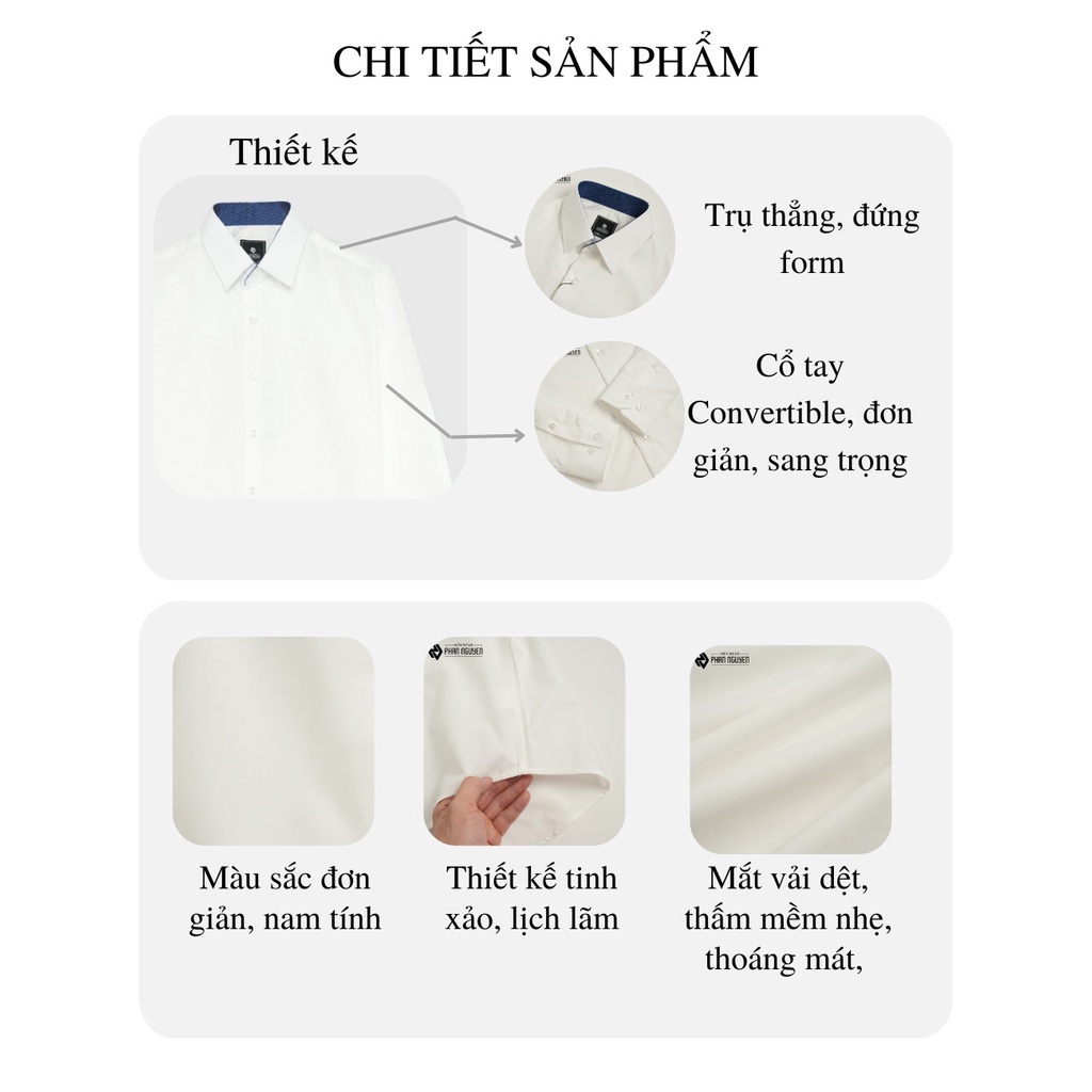 Mô tả Áo sơ mi trắng dài tay nam Phan Nguyễn, chất liệu modal mềm, nhẹ, mát, form slim fit SMD.1181 - 2