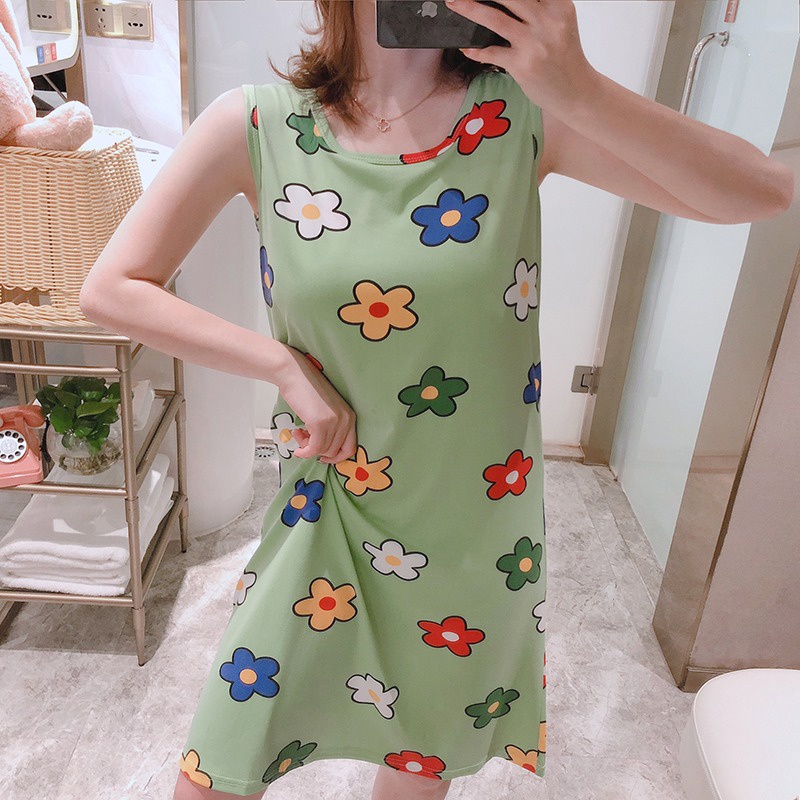 Váy ngủ 2 dây Suông Đầm Ngủ Hai Dây Có Mút Đệm Ngực In Hoạt Hình Dễ Thương Thời Trang Mùa Hè Cho Bạn Gái [luyoo32]
