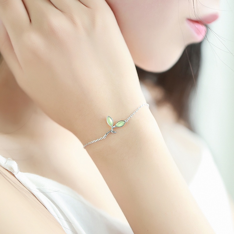 [Yunyuan] Bộ Trang Sức Vòng Cổ Nhẫn / Bông Tai / Nhẫn Mở Hình Lá Xanh Bằng Bạc