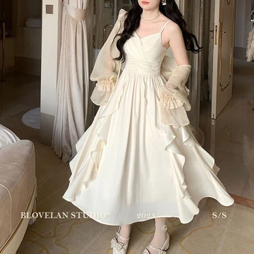 【Bess's house】cardigan+váy bigsize nữ,váy suông,váy dài，đầm trắng,Phụ nữ ngoại cỡ bộ mùa xuân / mùa hè của phụ nữ 2023 mới của pháp nhẹ nhàng sling dài váy đầm ôm eo siêu cổ tích cardigan,váy ha