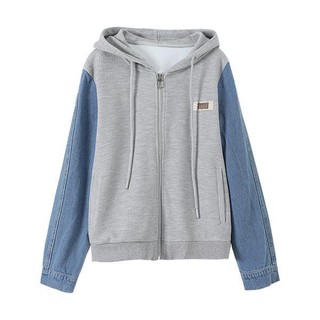 Casual denim stitching top 2023 mùa xuân phong cách mới dây rút có mũ trùm đầu kết cấu áo khoác all-match nữ