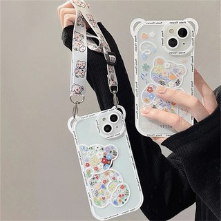 Ốp Điện Thoại Dẻo Họa Tiết Hoa & Tai Gấu Kèm Dây Đeo Chéo Cho iPhone 14 13 12 11 Pro XS Max 7 8 Plus