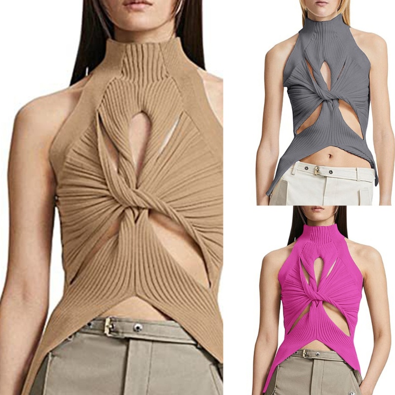 Áo dệt kim nữ Woke Slim-Fit Áo mùa hè thoáng khí Twist-Knot Cami Áo