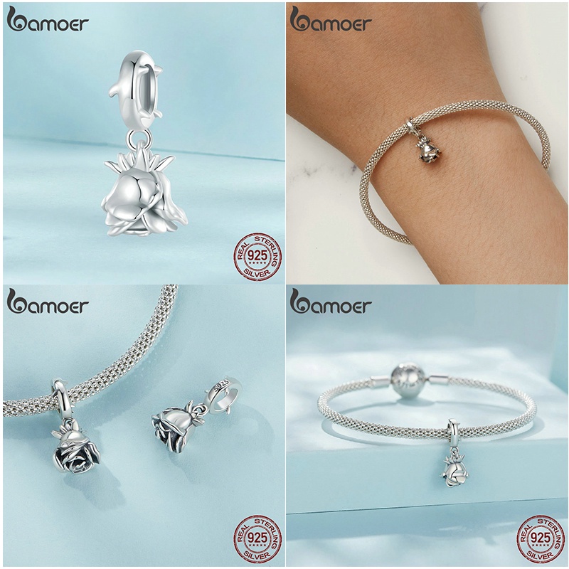 Hạt bạc 925 BAMOER hình lông vũ / chim công / hoa hồng / gấu thời trang cho nữ