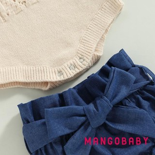 Mgg-baby Girl Trang Phục Mùa Hè Màu Trơn Buộc Dây Cổ Đan Áo Len Romper Quần Short Denim Có Dây Đeo Đầu Bộ Quần Áo 3 Chiếc