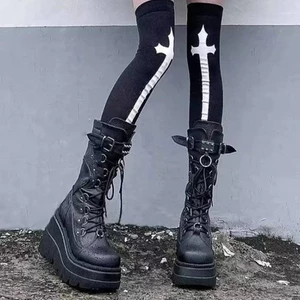 Kích Thước Lớn 43 Kích Thước Khóa Kim Loại Nền Tảng Giày Giữa Ống Ren Hiệp Sĩ Punk Giày Bốt Nữ Không Đầu Gối Đen Nêm Giày Nữ