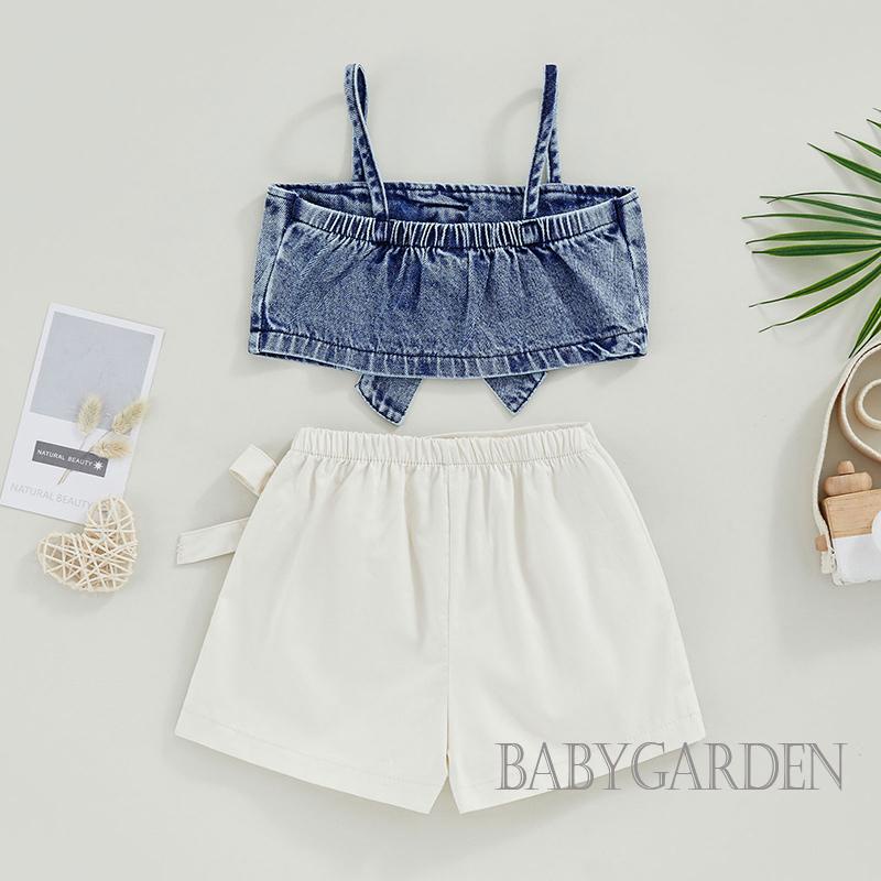 Bộ Áo Hai Dây Màu Trơn + Quần Short Denim Đính Nơ Co Giãn Thời Trang Mùa Hè Cho Bé Gái 1-6 Tuổi