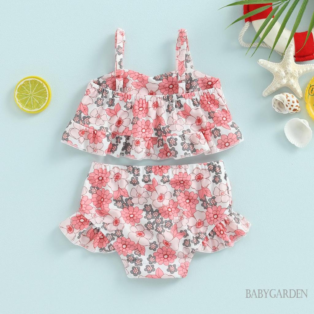 Bộ Đồ Bơi Hai Mảnh Không Tay + Quần Ngắn Nhún Bèo Thời Trang Đi Biển Cho Bé Gái 6 Tháng Tuổi