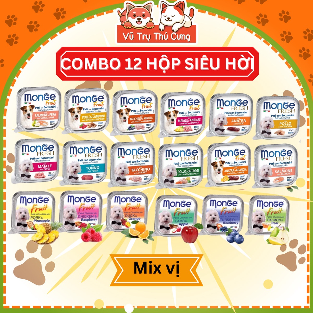 Combo 12 hộp Pate Monge cho Chó 100g, thành phần thịt và rau củ quả nhiều dinh dưỡng