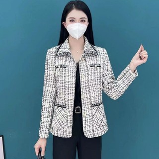 Xiaoxiang Áo Khoác Ngắn Dáng Rộng Họa Tiết Kẻ Sọc Thời Trang Xuân Thu 2023 Phong Cách Pháp Cho Nữ