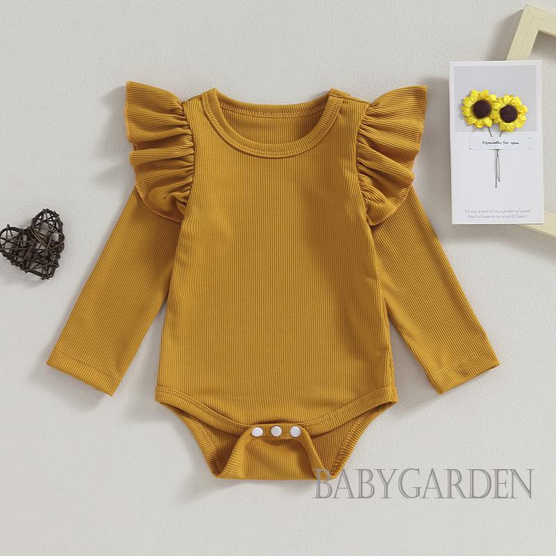 // -baby Girl fall romper ruffle dài tay áo phi hành đoàn cổ rắn màu bộ đồ sơ sinh