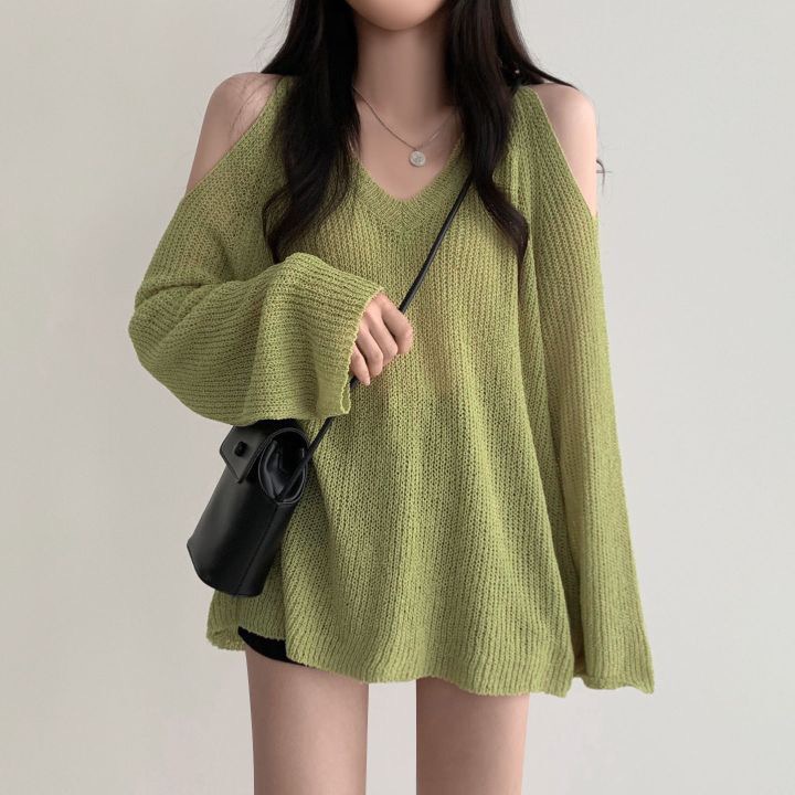 Áo dệt kim SUXI chống nắng dáng rộng cổ chữ V hở vai phong cách Hàn Quốc cho nữ