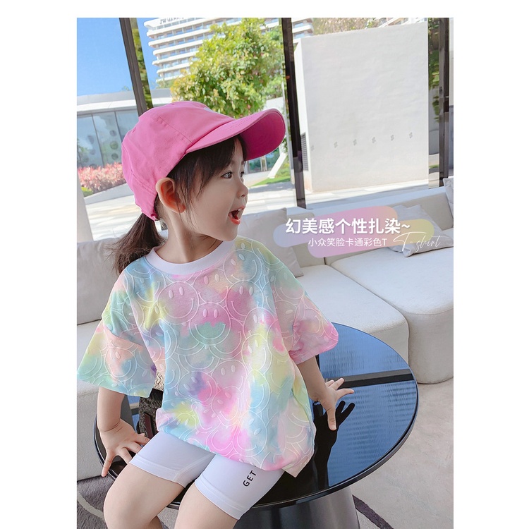 Mùa hè Phong cách mới Tie-Dye Áo thun ngắn tay 90-2XL Trang phục cha mẹ và con cái Họ ba và bốn phiên bản Hàn Quốc Thời trang giản dị Mẹ-Con gái F