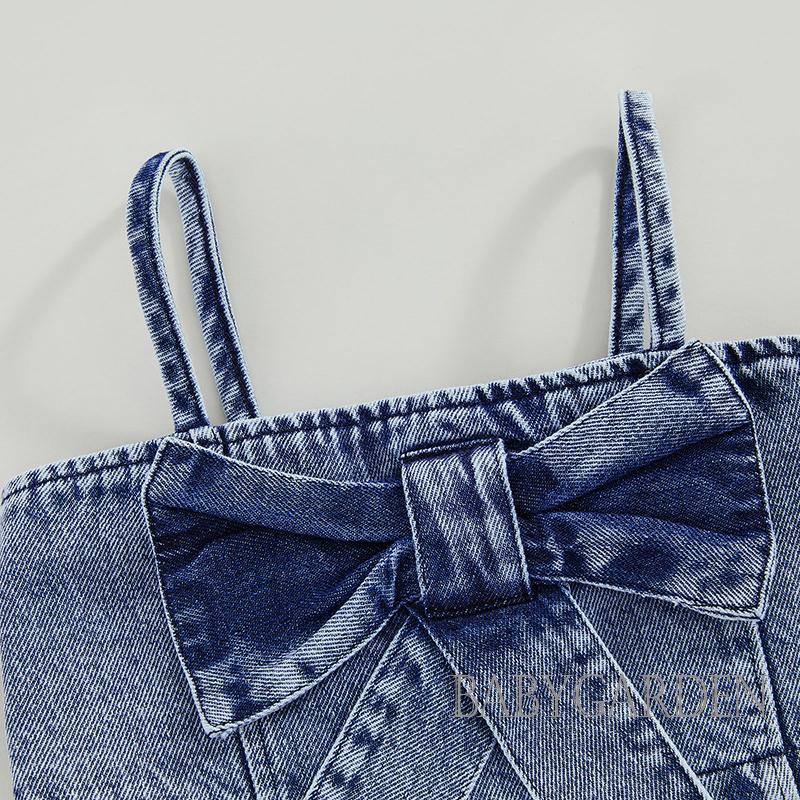 Bộ Áo Hai Dây Màu Trơn + Quần Short Denim Đính Nơ Co Giãn Thời Trang Mùa Hè Cho Bé Gái 1-6 Tuổi