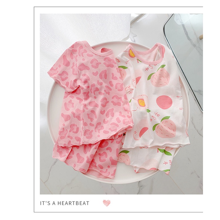 Bé Gái Mùa Hè Phong Cách Mới Ice Silk Quần Áo Trẻ Em 80-140CM Bộ Đồ Ngủ Hai Mảnh Homewear Nhỏ Vừa Trẻ Em Bé Gái Tay Ngắn 3EYT