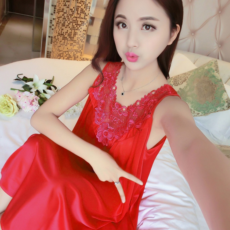 Ice Silk Pajama Phụ nữ Lace Mô phỏng lụa Thoải mái Pajama Mùa hè lụa Sexy Sling Dress luyoo32
