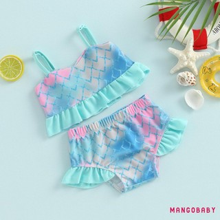 Mgg-kid Girl Bikini Đồ Bơi Không Tay Vai Crop Vest Bãi Biển Bể Bơi Xù Quần Short Đồ Bơi Trang Phục