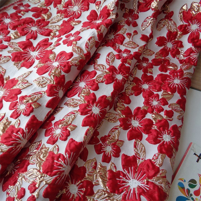Vải Jacquard nổi ba chiều dệt vàng sợi nhuộm hoa lớn bong bóng - Chất liệu tự làm cho váy nữ năm mới, 1 mét