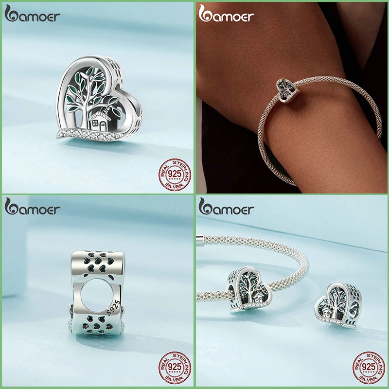 Hạt charm BAMOER bạc 925 hình cỏ bốn lá dùng làm đồ trang sức
