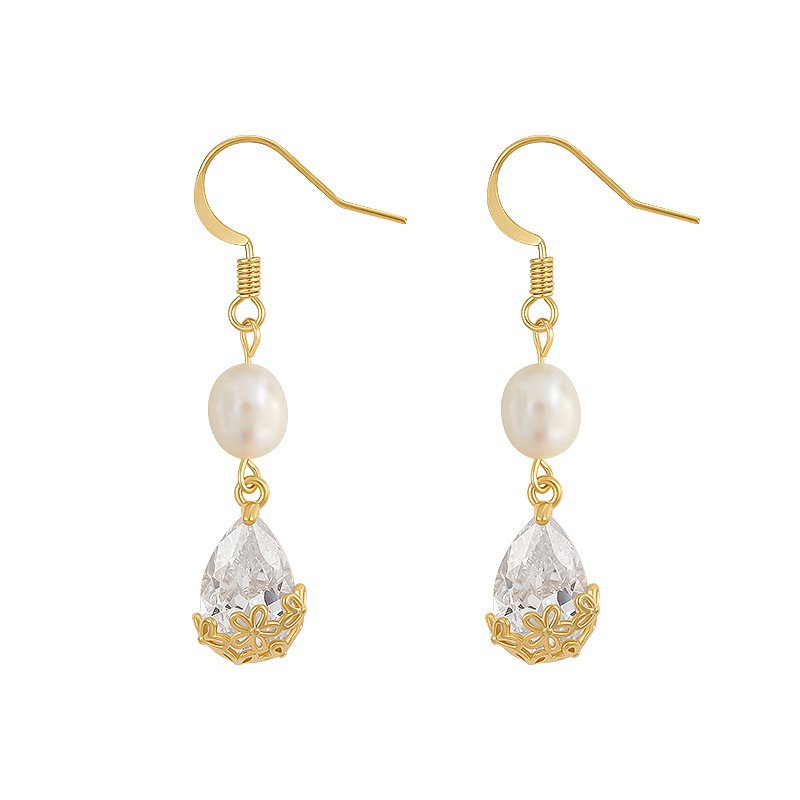 Bông Tai Hình Giọt Nước Đính Đá Zircon Ngọc Trai Cao Cấp Sang Trọng Phong Cách Pháp Thời Trang Cho Nữ