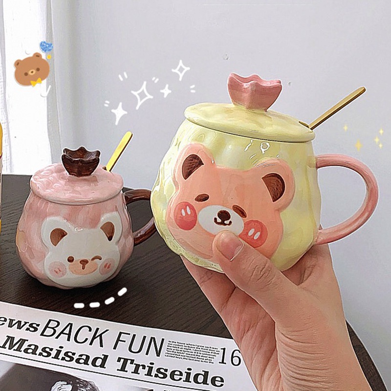 Cốc Sứ Hình Gấu Hoạt Hình Dễ Thương Phong Cách Hàn Quốc Sáng Tạo Có Nắp Và Thìa 400ml