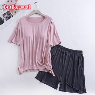 Áo Thun Nữ Quần Short Bộ Đồ Ngủ Bộ Ngực Miếng Lót Áo Sơ Mi Modal Quần Bộ 2025 Mùa Hè Trơn Rời Bộ Đồ Ngủ 2 Chiếc Phù Hợp Với